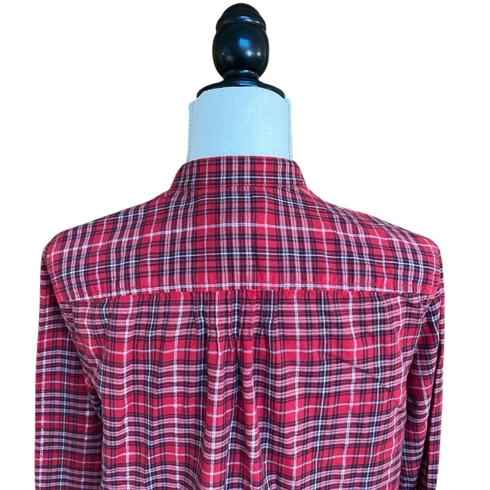 Lands’ End Plaid Flannel Popover Shirt Womens 12 Red Metallic Silver L - Picture 10 of 12
